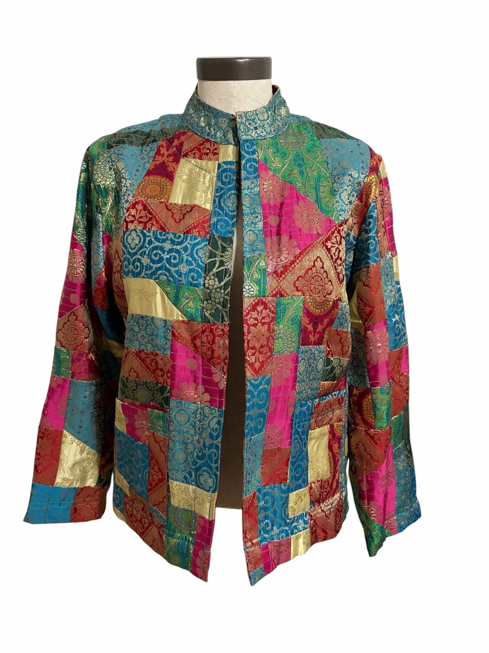Chico’s Patchwork Brocade Open Front Jacket Colorful Boho Tapestry Size 8 Medium